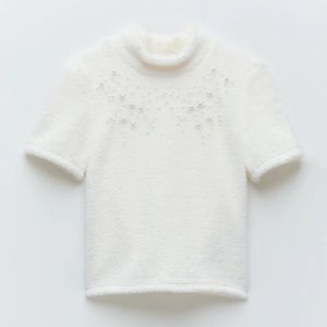 NWT Zara Pearl Trim Faux Fur Top, Oyster White, Size: Large